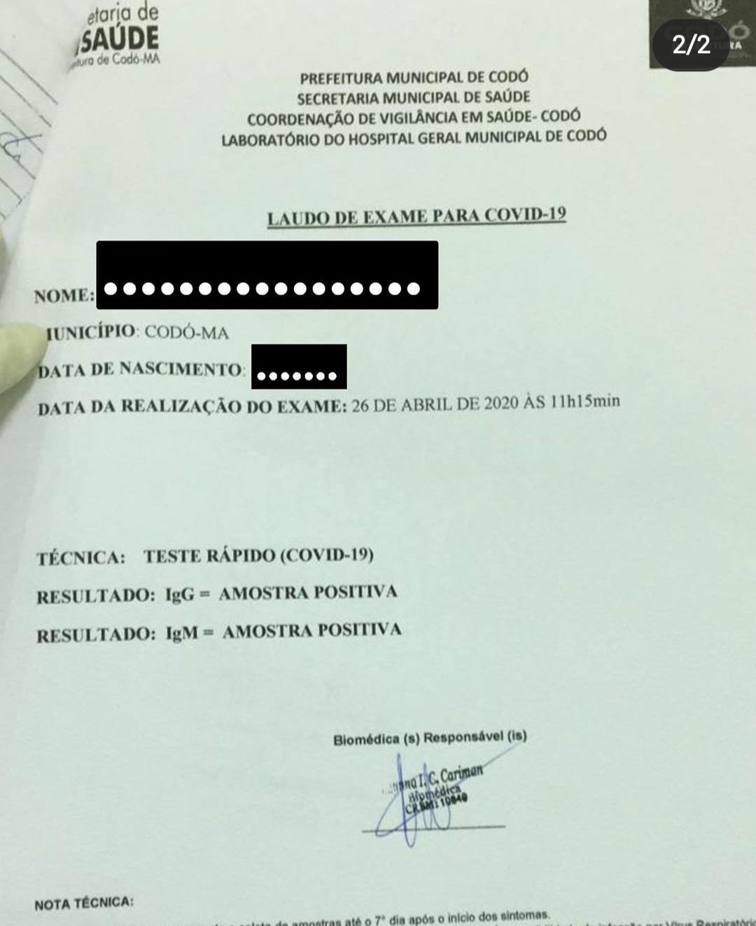 TEMOS MAIS 2 CASOS CONFIRMADOS DE CORONAVIRUS EM CODÓ, A CIDADE AGORA TEM 05 CASOS CONFIRMADOS.