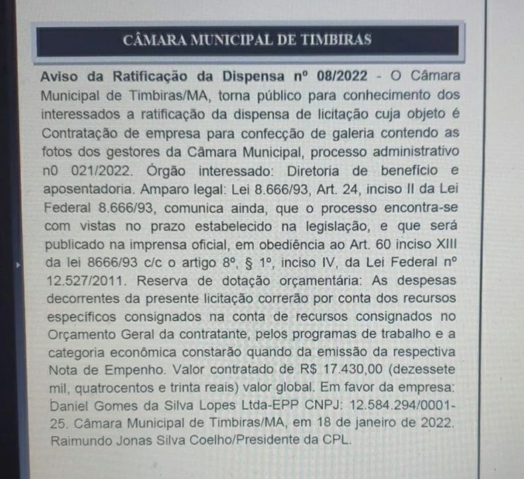 CÂMARA MUNICIPAL DE TIMBIRAS VAI GASTAR MAIS DE 17 MIL REAIS COM MURAL DE FOTOS DE VEREADORES