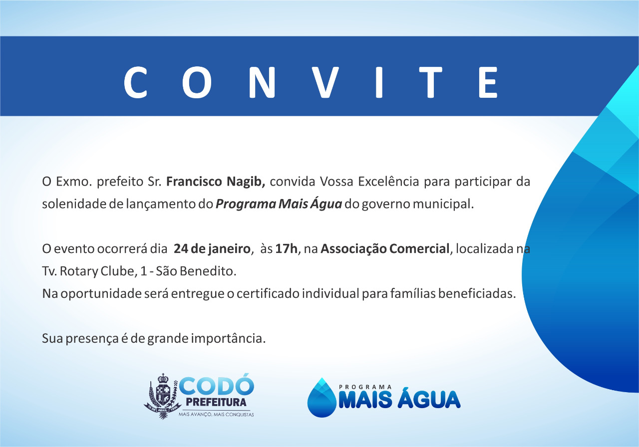 AMANHÃ SERÁ O LANÇAMENTO DO PROGRAMA MAIS ÁGUA ONDE MAIS DE 200 FAMÍLIAS SERÃO BENEFICIADAS E NÃO PAGARÃO MAIS ÁGUA, EM CODÓ.