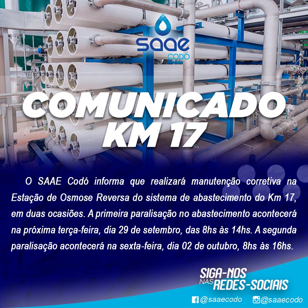 SAAE Codó informa sobre paralisação durante manutenção corretiva do sistema de abastecimento do Km 17