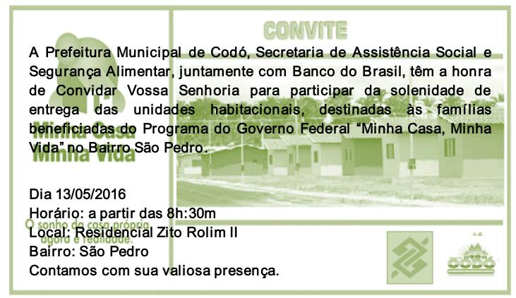 CONFIRMADO- CASAS DO RESIDENCIAL SERÃO ENTREGUES NESTA SEXTA-FEIRA PARTIR DAS 8:30. veja o convite feito pela prefeitura de codó