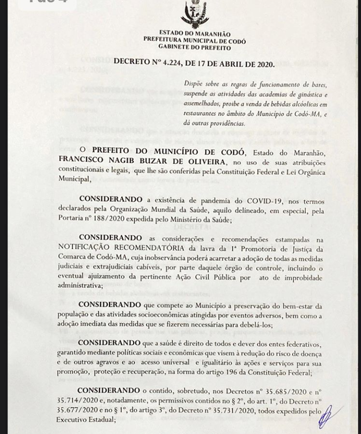 NOVO DECRETO SUSPENDE FUNCIONAMENTO DE BARES E ACADEMIAS EM CODÓ. DEVEM PERMANECER FECHADOS.