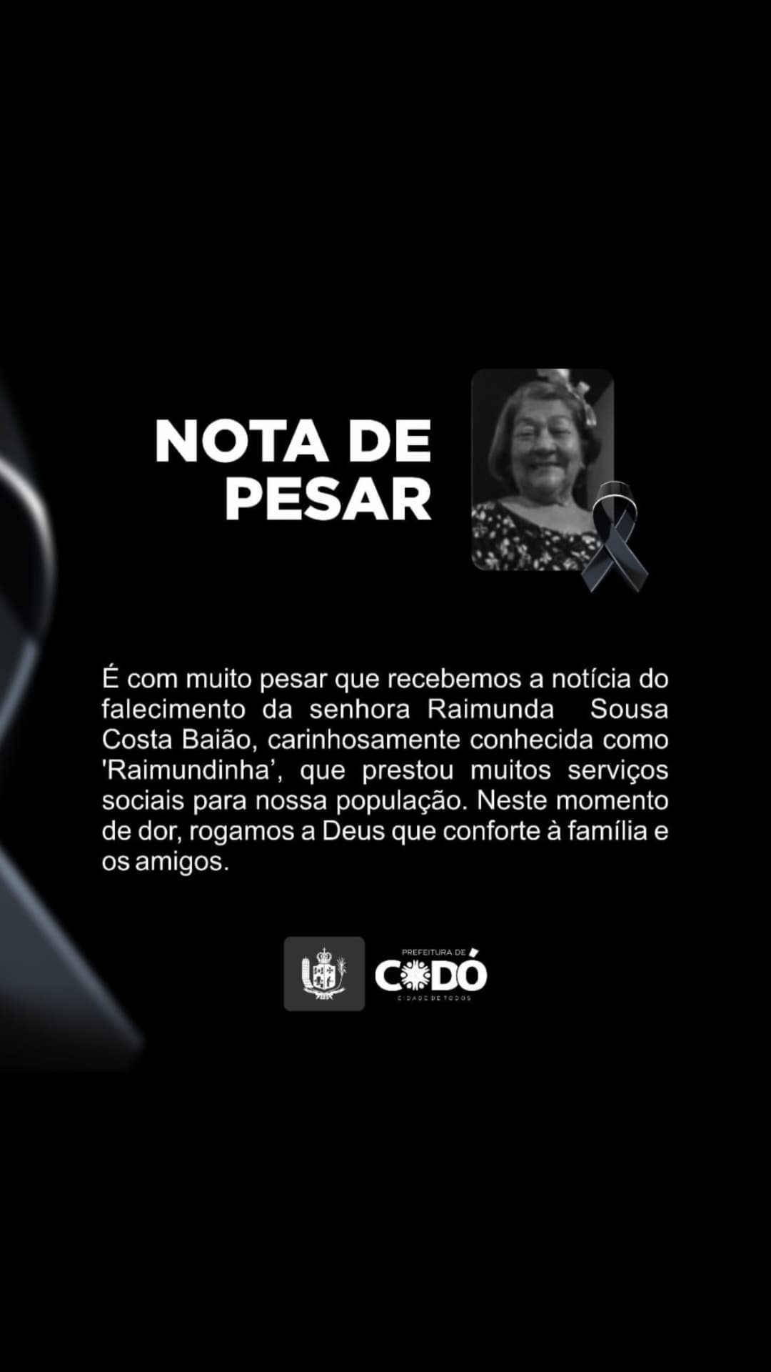 Prefeito Zé Francisco emite nota de pesar pelo falecimento da senhora Raimundinha Baião