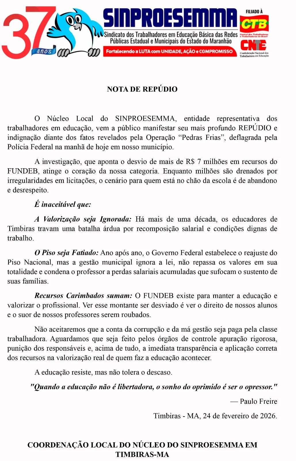 SINPROESEMMA reage e denuncia: “Roubar a educação é roubar o futuro de Timbiras”