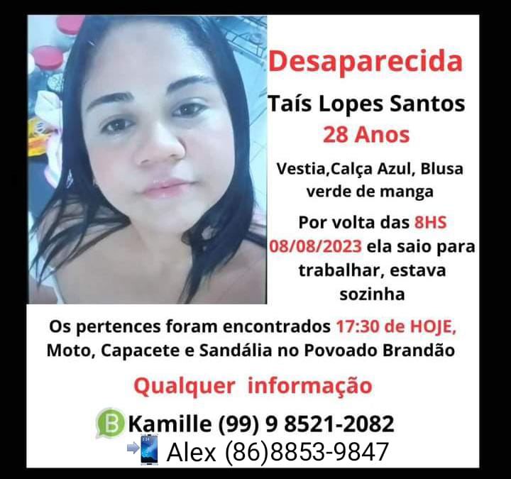 JOVEM DESAPARECIDA EM CODÓ , QUALQUER INFORMAÇÃO ENTRAR EM CONTATO.