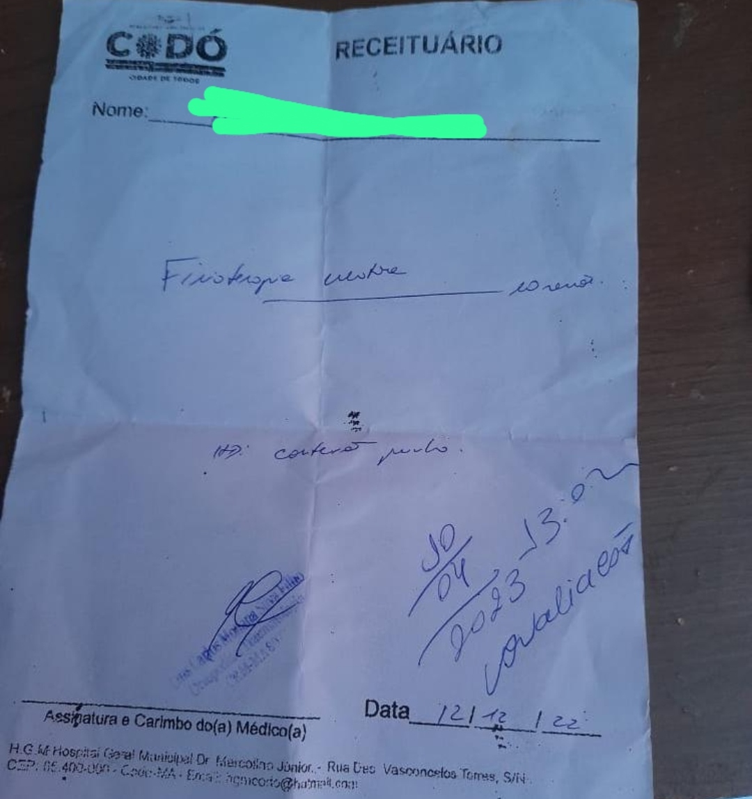 EM CODÓ IDOSA FOI ENCAMINHADA PRA FISIOTERAPIA NO HGM E RECEBEU REPOSTA DE QUE TALVEZ EM ABRIL DE 2023 ELA CONSIGA FAZER APENAS UMA AVALIAÇÃO, AO QUE PARECE NÃO EXISTE MAIS FISIOTERAPIA EM CODÓ PELA PREFEITURA.