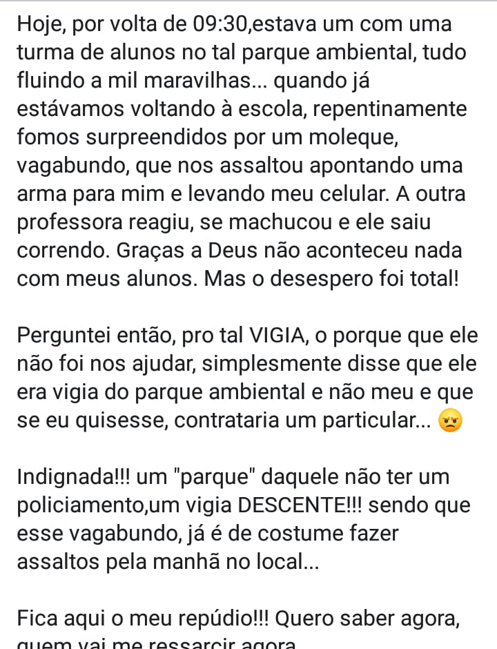 EM CODÓ PROFESSORA É ASSALTADA EM PARQUE AMBIENTAL E VIGIA VER TUDO, FAZ POUCO CASO E AINDA DISSE PRA ELA PROCURAR UM SEGURANÇA PARTICULAR.