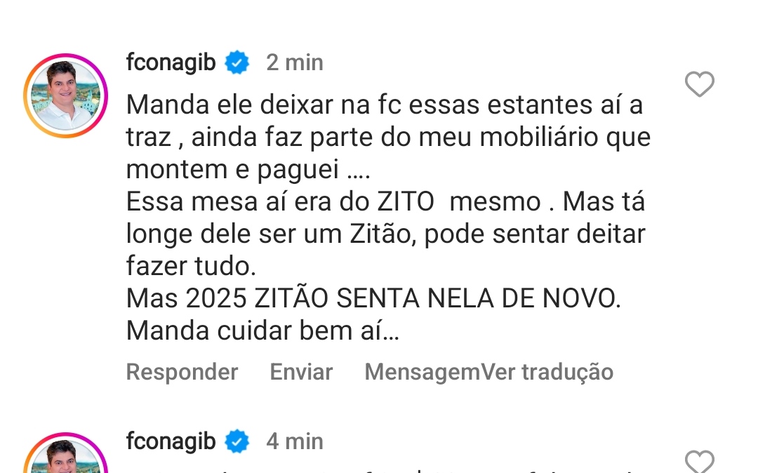NAGIB AFIRMA EM REDE SOCIAL QUE EM 2024 SEU APOIO É PRA ZITO E NÃO PRO SEU PAI CHIQUINHO OLIVEIRA QUE TAMBÉM É PRÉ CANDIDATO..