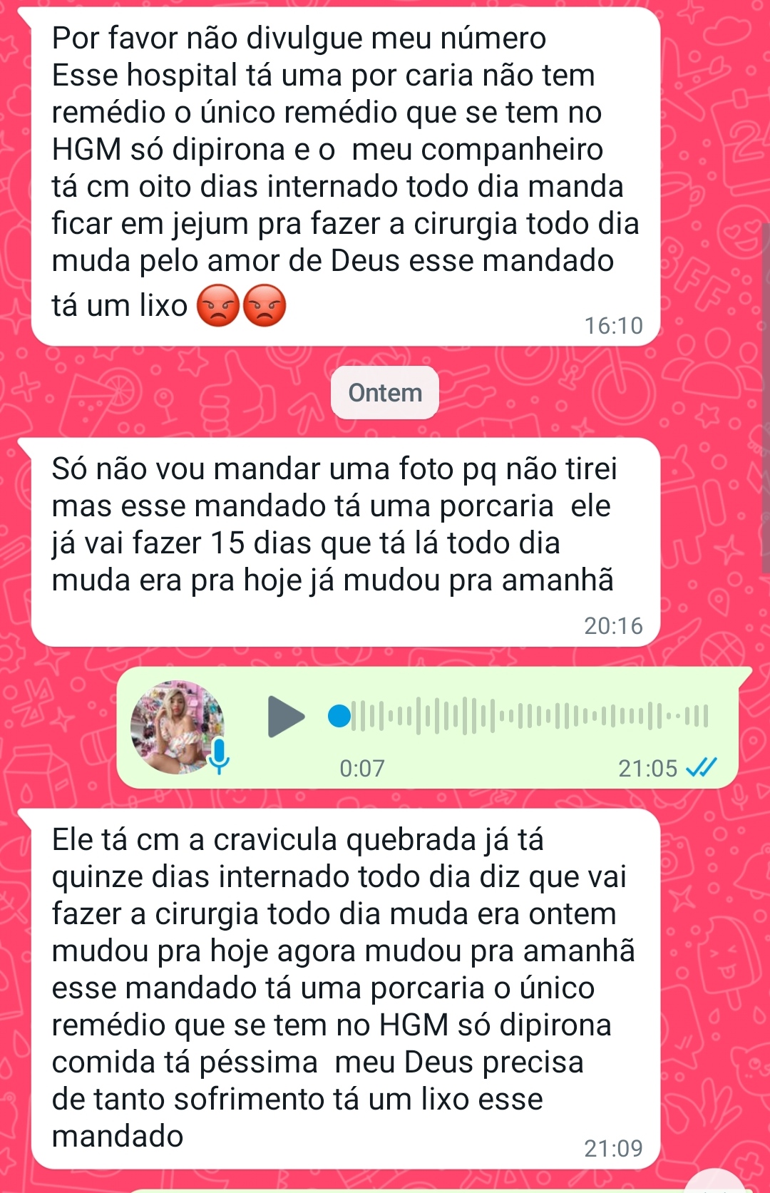 MULHER DIZ QUE ESTÁ HÁ 15 DIAS NO HOSPITAL HGM COM SEU MARIDO PRA FAZER CIRURGIA E NADA. ELE ESTA ABANDONADO E NINGUÉM DIZ NADA