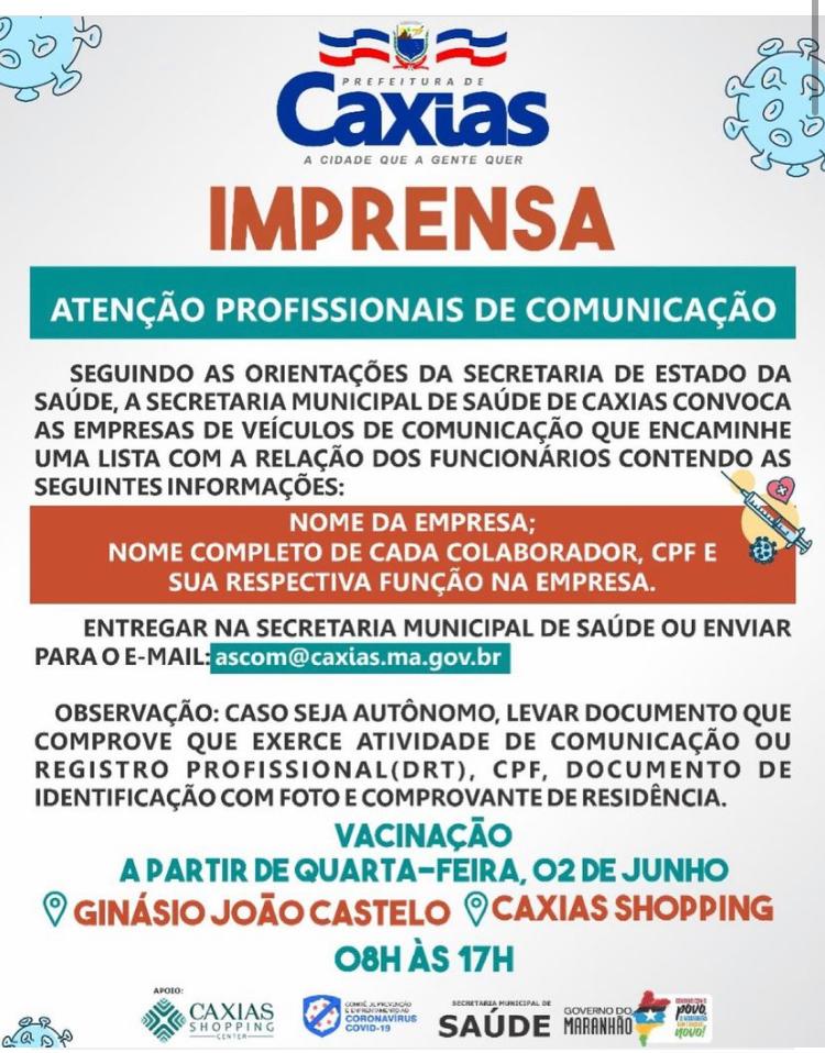 PROFISSIONAIS DA IMPRENSA SERÃO TODOS VACINADOS EM CAXIAS, ASSIM DECRETOU PREFEITO FABIO GENTIL A PARTIR DE AMANHÃ. IMPRENSA TAMBÉM É LINHA DE FRENTE