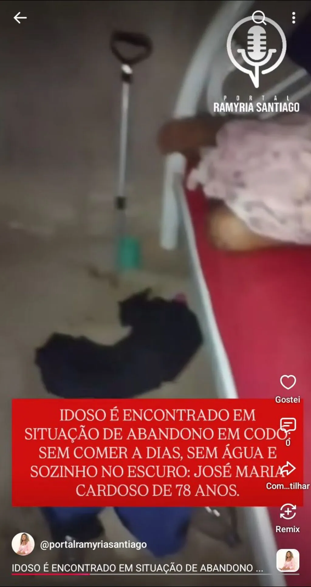 IDOSO É ENCONTRADO EM SITUAÇÃO DE ABANDONO EM CODÓ, SEM COMER A DIAS, SEM ÁGUA E SOZINHO NO ESCURO: JOSÉ MARIA CARDOSO DE 78 ANOS