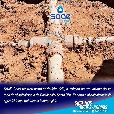 SAAE Codó informa sobre conserto de vazamento na rede de abastecimento no Residencial Santa Rita