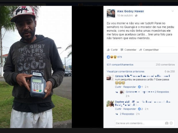 Morador de rua inova e pede esmolas com máquina de cartões