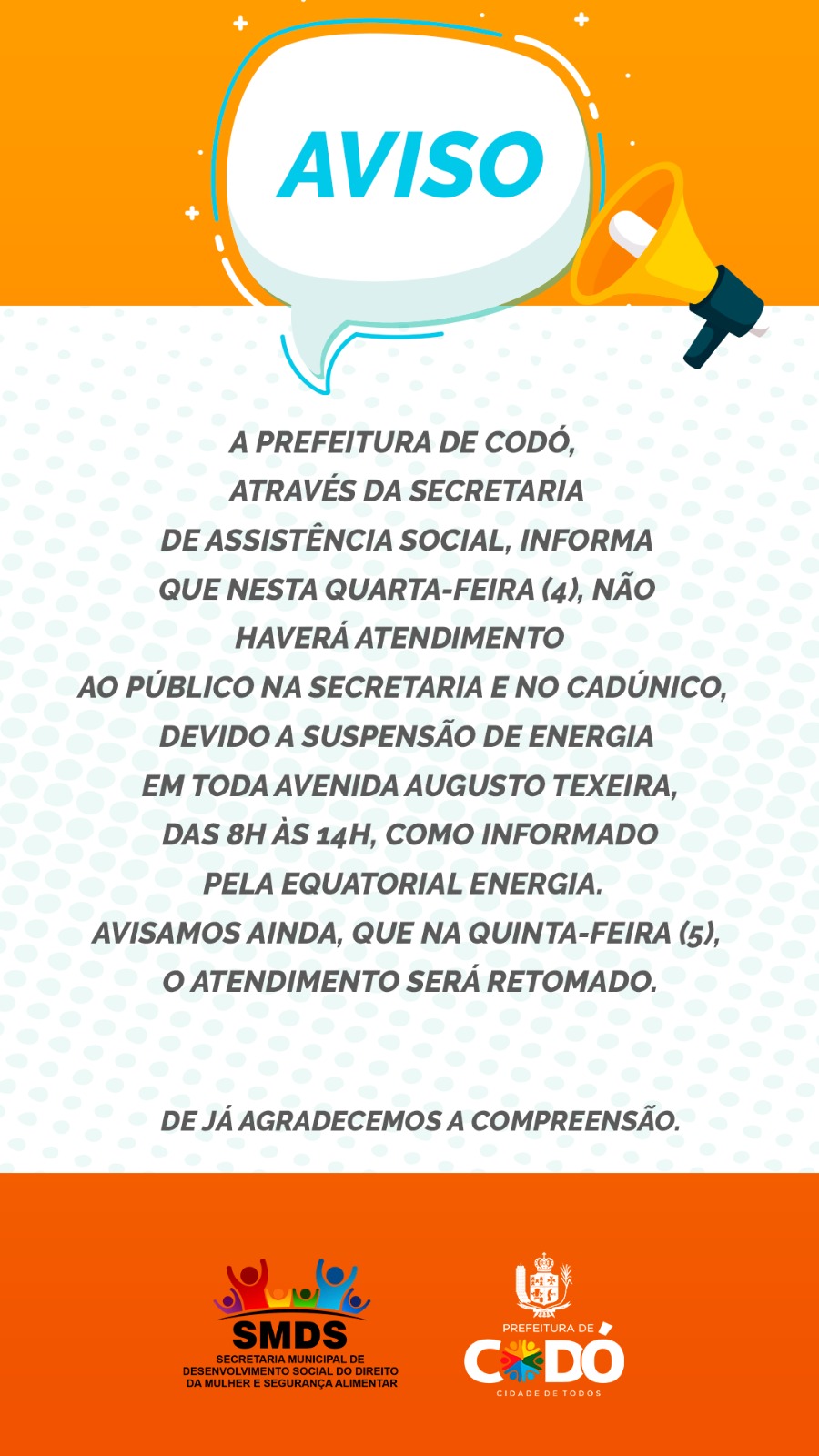 AVISO: AMANHÃ QUARTA FEIRA NÃO HAVERÁ ATENDIMENTO NA SECRETARIA E NO CADÚNICO