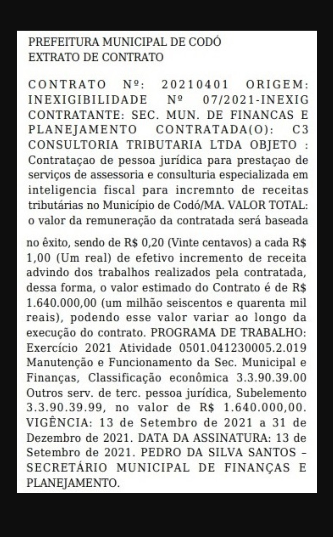 CONSULTORIA FATURA 20% DOS TRIBUTOS ARRECADADOS PARA A PREFEITURA DE CODÓ