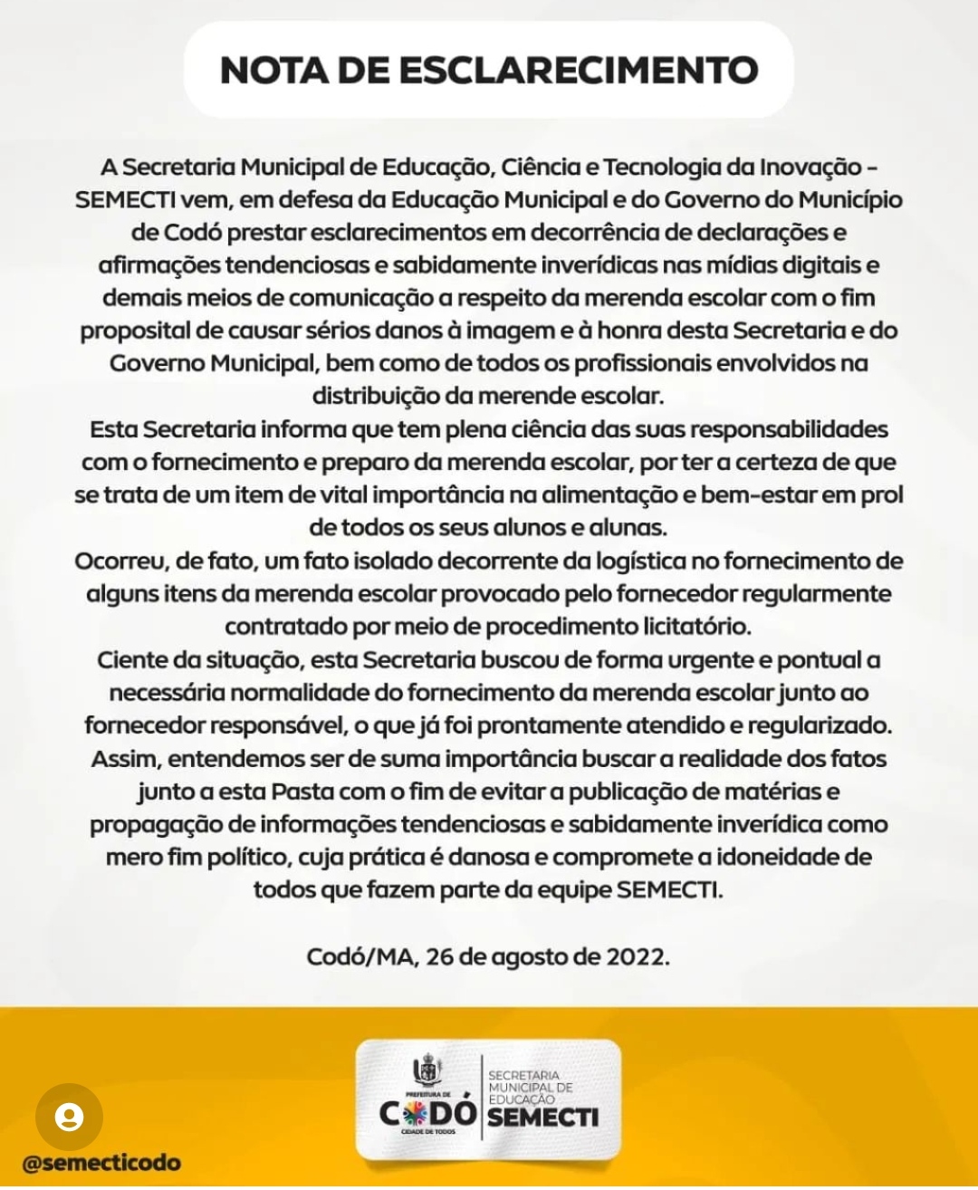 NOTA DE ESCLARECIMENTO DA SECRETÁRIA MUNICIPAL DE EDUCAÇÃO EM DEFESA DA EDUCAÇÃO MUNICIPAL 