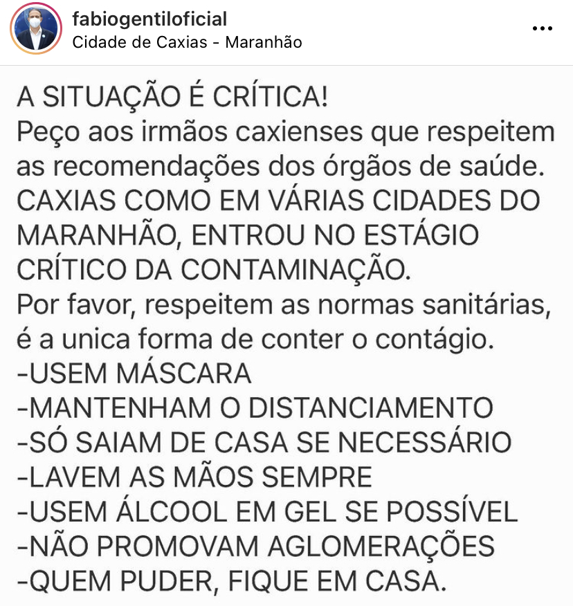 FABIO GENTIL DECLAROU SITUAÇÃO CRÍTICA DEVIDO A CONTAMINAÇÃO DO COVID-19 E PEDE AJUDA A POPULAÇÃO CAXIENSE.