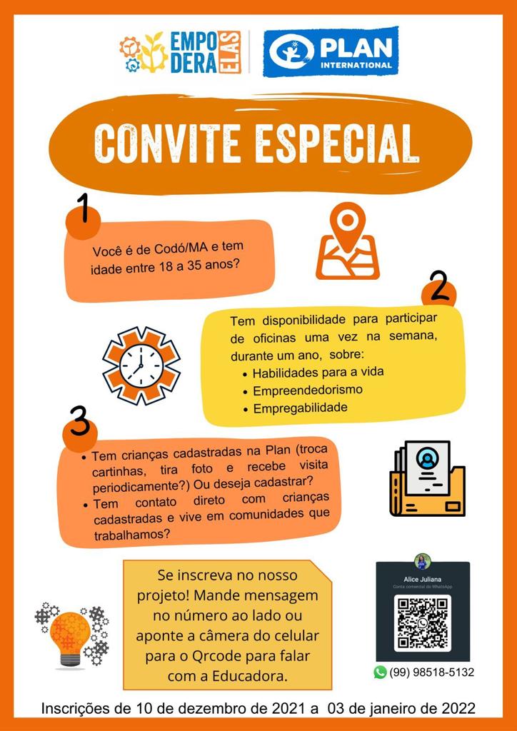 Estão abertas as inscrições para o Projeto *Empodera Elas*. Idealizado pela Plan.
