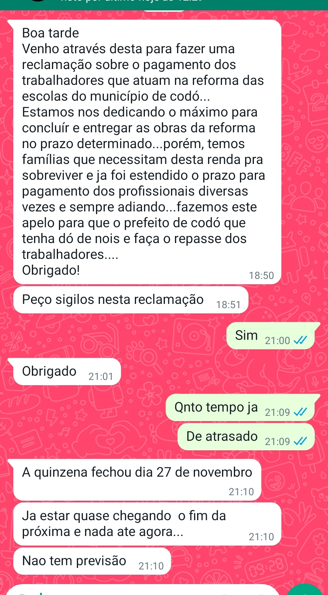 ATENÇÃO PREFEITO DE CODÓ; VAMOS FAZER O PAGAMENTO DOS TRABALHADORES QUE ATUAM NA REFORMA DAS ESCOLAS DE CODÓ. 