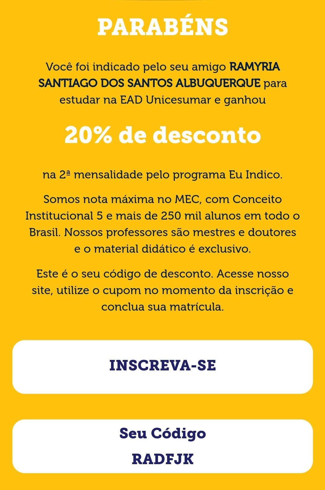 ATENÇÃO: USE O CUPOM RAMYRIA SANTIAGO E TENHA 60% DE DESCONTO NA MELHOR FACULDADE EAD DO BRASIL A UNICESUMAR, COM POLO EM CODÓ. CORRA QUE É POR TEMPO LIMITADO.