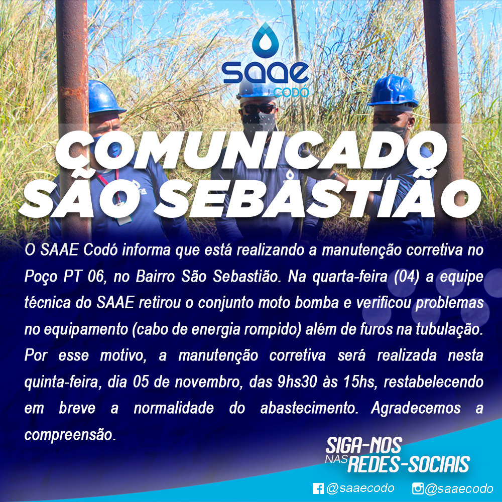 SAAE Codó informa sobre manutenção corretiva do Poço PT 06 no bairro São Sebastião