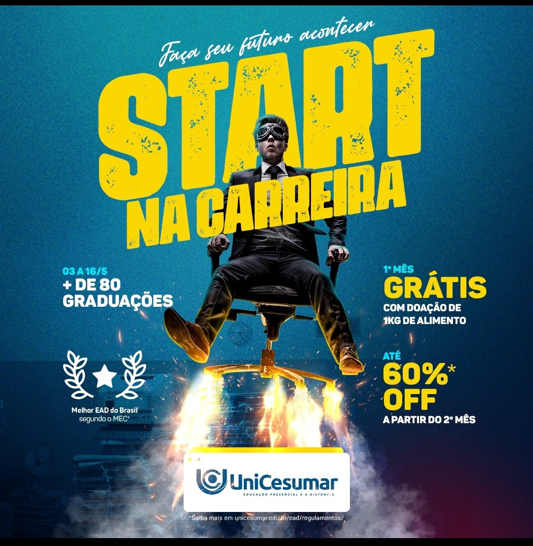 De 3 a 16/maio, você tem até 60% de desconto em mais de 80 graduações na faculdade unicesumar em CODÓ, fazendo a doação de 1kg de alimento, você não paga o primeiro mês. Bora aproveitar?(99) 98273-1628