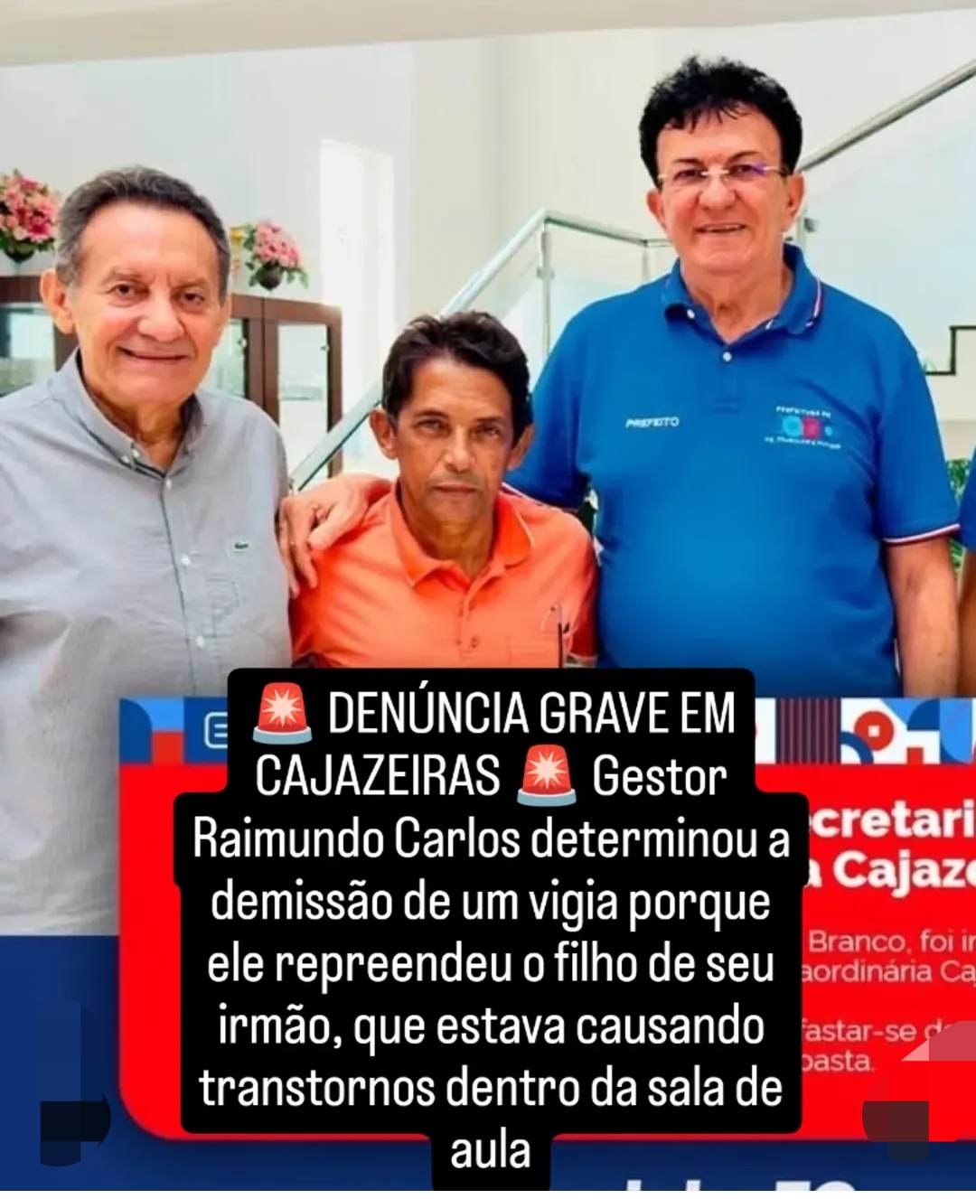 🚨 DENÚNCIA GRAVE EM CAJAZEIRAS 🚨 Gestor Raimundo Carlos determinou a demissão de um vigia que repreendeu o filho de seu irmão, que estava causando transtornos dentro da sala de aula.