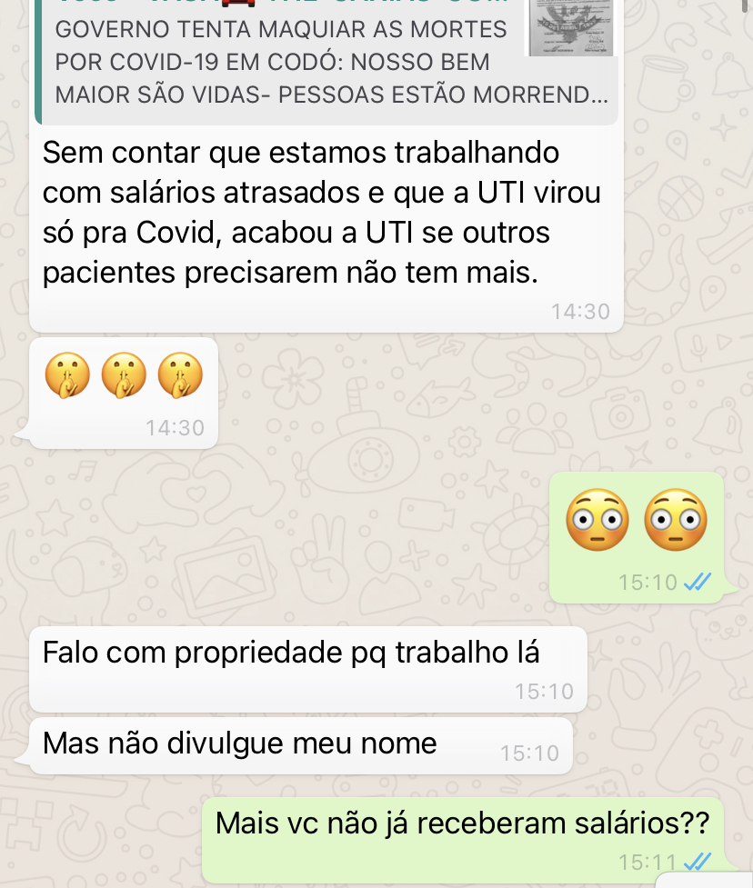 “CODÓ SE ENCONTRA SEM UTIs, AS UTIs AGORA SÃO EXCLUSIVAS PARA O COVID-19. SE UM PACIENTE NORMAL PRECISAR NÃO SERÁ  ATENDIDO”, DISSE MÉDICO AO BLOG DA RAMYRIA SANTIAGO.