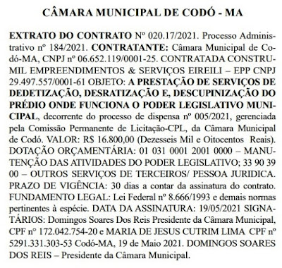 Câmara de Vereadores de Codó gastará R$ 16.800,00  mil para combater cupins e ratos. DOMINGOS REIS NÃO MEDE ESFORÇOS, ESTÁ AUTORIZANDO TUDO. 