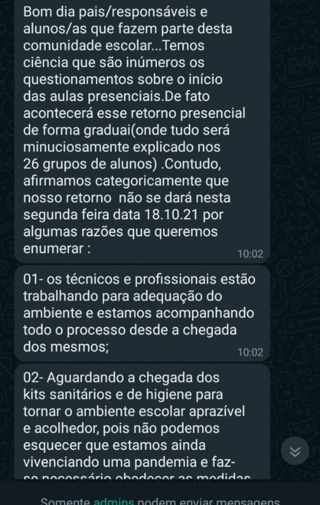 PAIS DE ALUNOS DA ESCOLA LICEU FICARAM CHATEADOS APÓS SECRETARIA DE EDUCAÇÃO MENTIR SOBRE INÍCIO DAS AULAS NA ESCOLA. ELES ALEGAM AOS PAIS DESPREPARO E FALTA DE MATERIAL HIGIÊNICO PARA O INÍCIO NO CÍVICO MILITAR. 