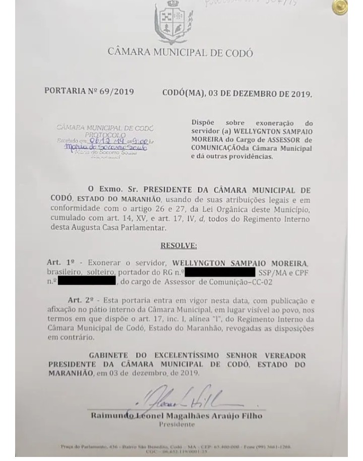 LEONEL FILHO DEMITE TODOS OS FUNCIONÁRIOS DE EXPEDITO CARNEIRO NA CÂMARA DE  CODÓ. VEJA QUEM SÃO ELES.