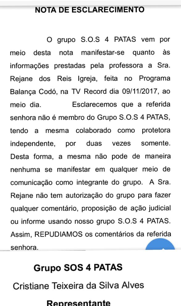 GRUPO S.O.S 4 PATAS DE CODÓ EM NOTA REPUDIAM AÇÃO DE PROF. REJANE REIS E DIZEM QUE ELA NUNCA FOI MEMBRO DO GRUPO S.O.S PARA IR PRA TV FALAR EM NOME DELE.