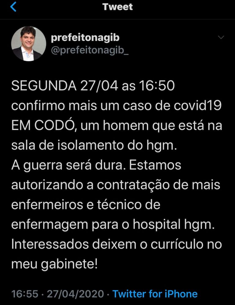 CONFIRMADO O SEXTO CASO DE CORONAVÍRUS EM CODÓ, TRATA-SE DE UM HOMEM QUE ESTÁ NA SALA DE ISOLAMENTO DO HGM