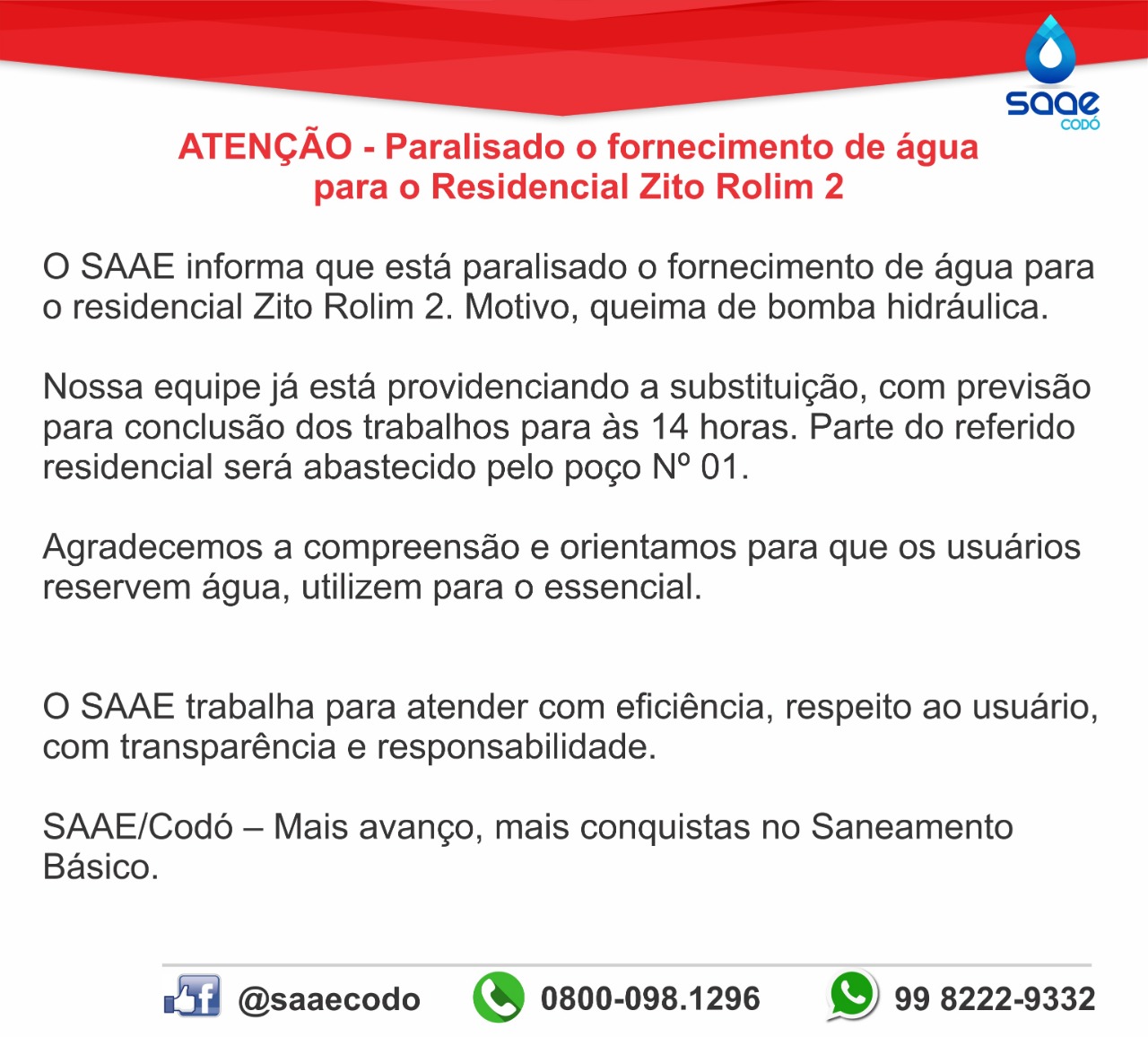 PARALISADO O FORNECIMENTO DE ÁGUA PARA O RESIDENCIAL ZITO ROLIM 2. MOTIVO, QUEIMA DE BOMBA HIDRÁULICA