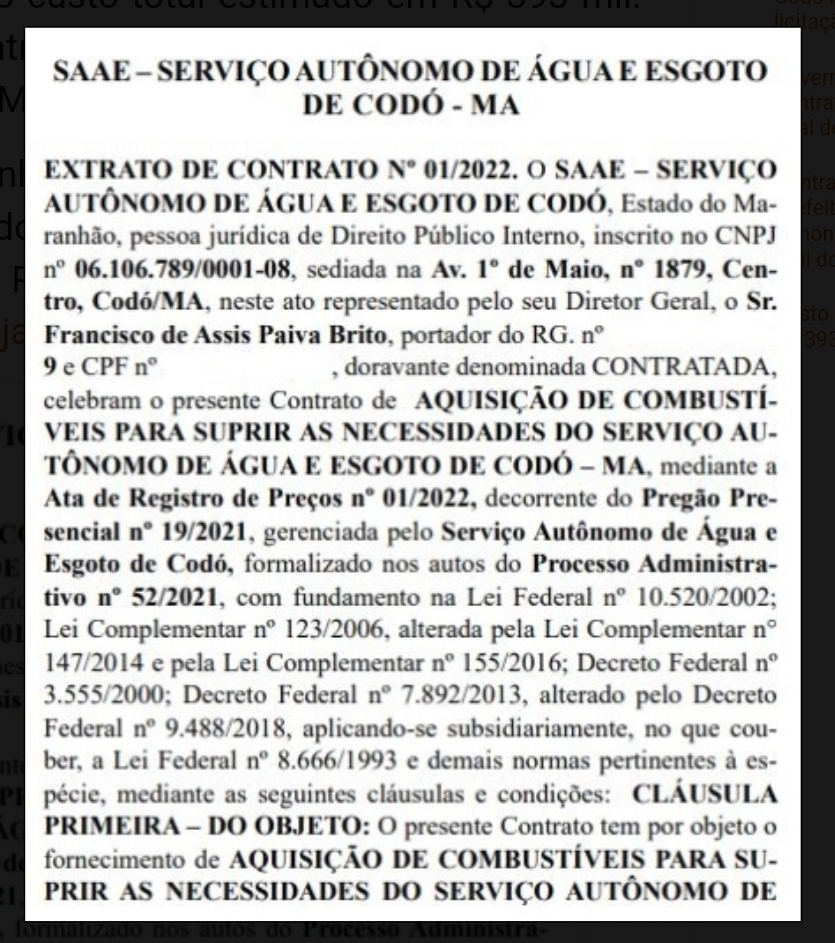 POSTO PRÉ-SAL FATURA CONTRATO DE 393 MIL DO SAAE DE CODÓ
