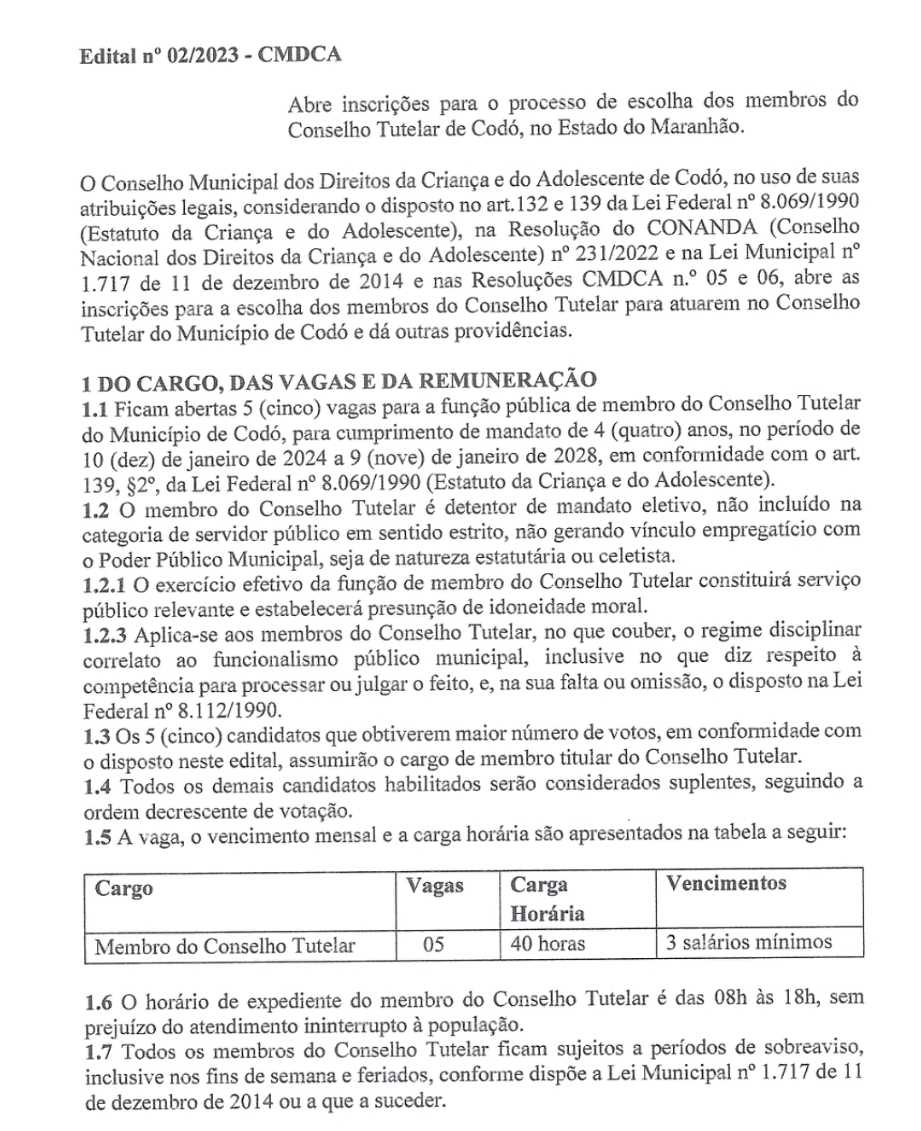 ESTÃO ABERTAS AS INSCRIÇÕES PARA O PROCESSO DE ESCOLHA DOS NOVOS MEMBROS DO CONSELHO TUTELAR DE CODÓ.