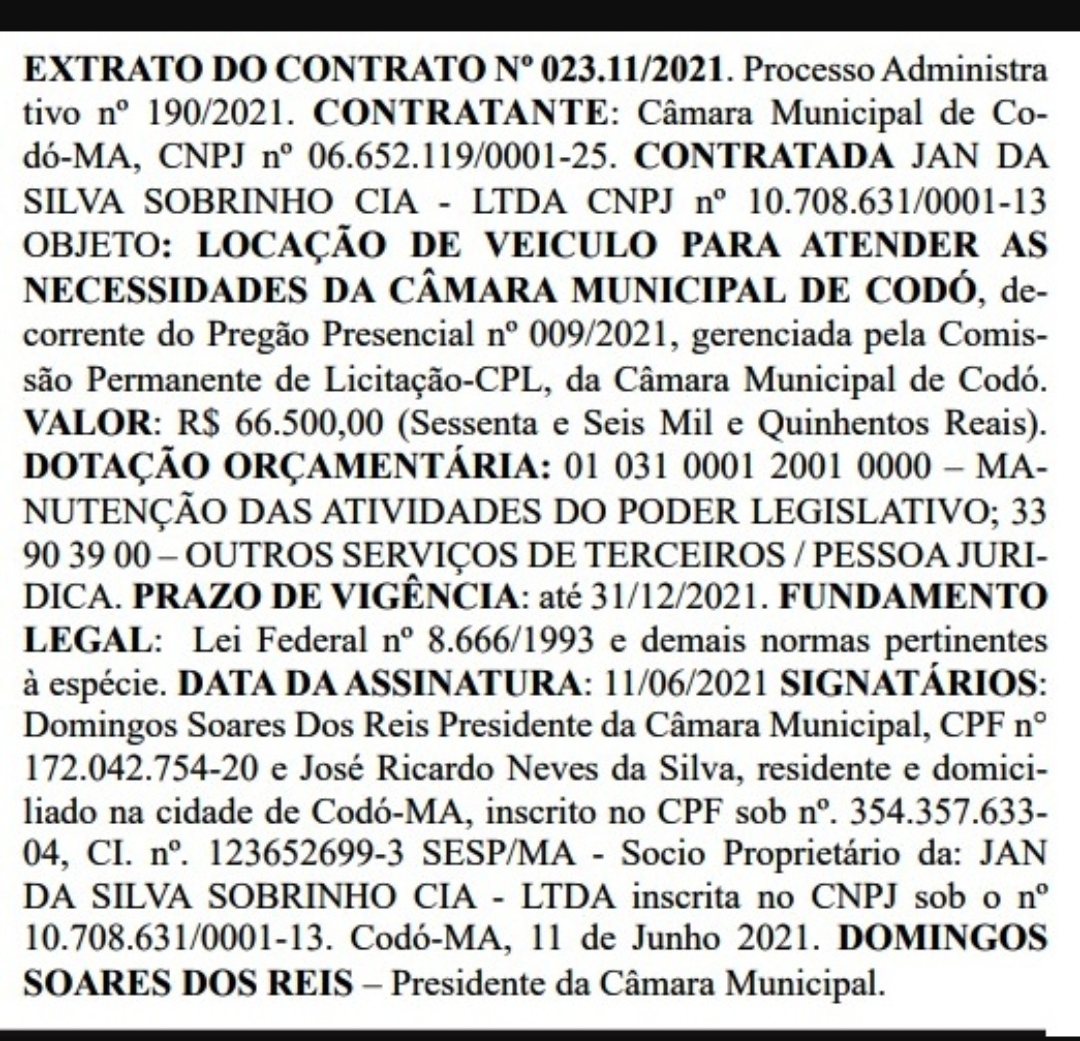 EM CODÓ CÂMARA DE VEREADORES ALUGA VEÍCULO POR 9,5 MIL 