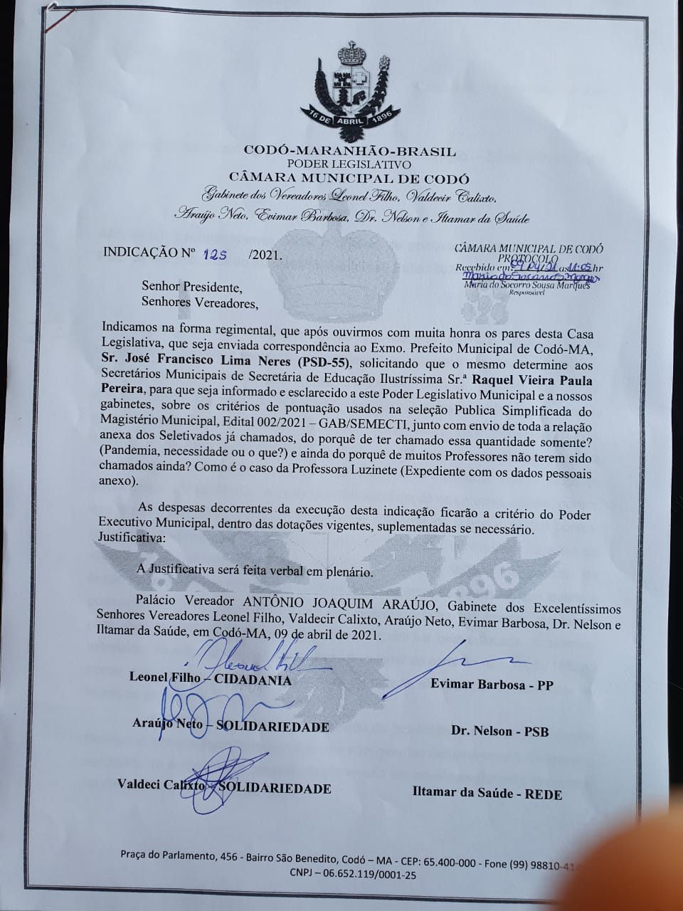 Vereador Leonel Filho leva importantes Indicações para Sessão Câmara desta semana