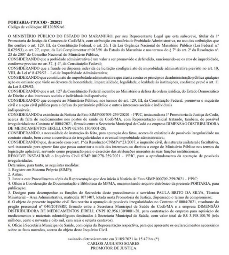CONTRATO MILIONÁRIO ENTRE A PREFEITURA DE CODÓ E DISTRIBUIDORA DE MEDICAMENTOS  DE TERESINA É ALVO DE INSTIGAÇÃO DO MPMA