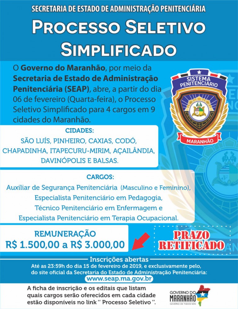 Seap abre processo seletivo para 4 cargos em 9 cidades do MA, entre elas está Codó com inicio hoje dia 06 de fevereiro