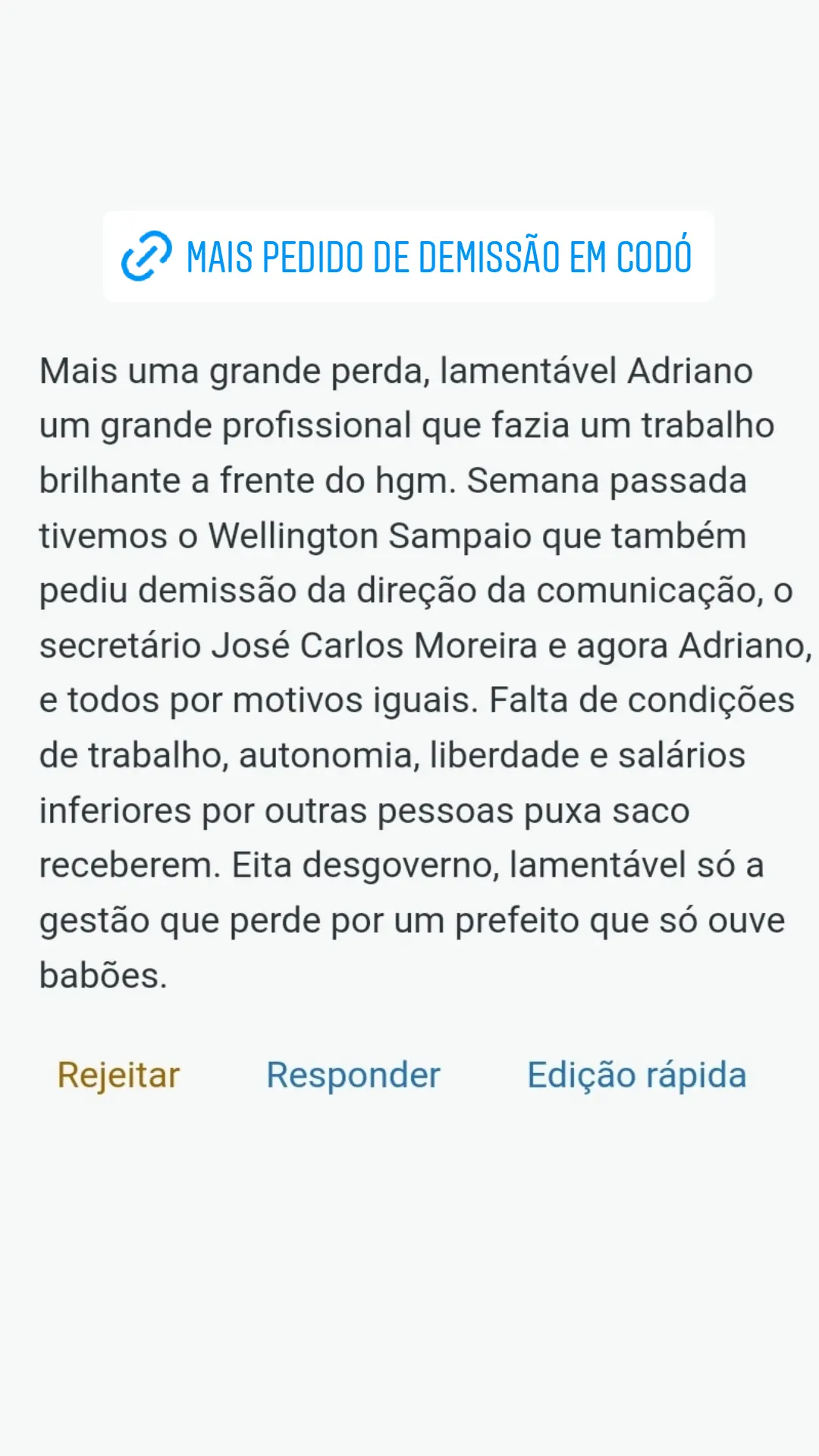 Além de ADRIANO DE PAULA ter pedido demissão do hospital HGM, fontes trazem informações de que WELINGTON SAMPAIO pediu demissão acessória e o secretário JOSÉ CARLOS MOREIRA também teria pedido demissão!!! 