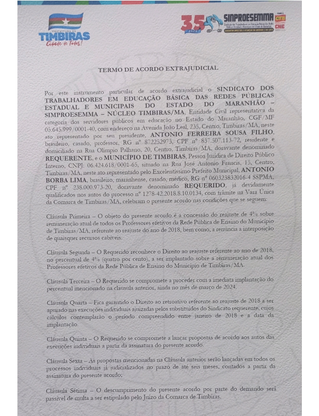 Prefeitura de Timbiras sinaliza que não irá cumprir acordo fechado com professores.