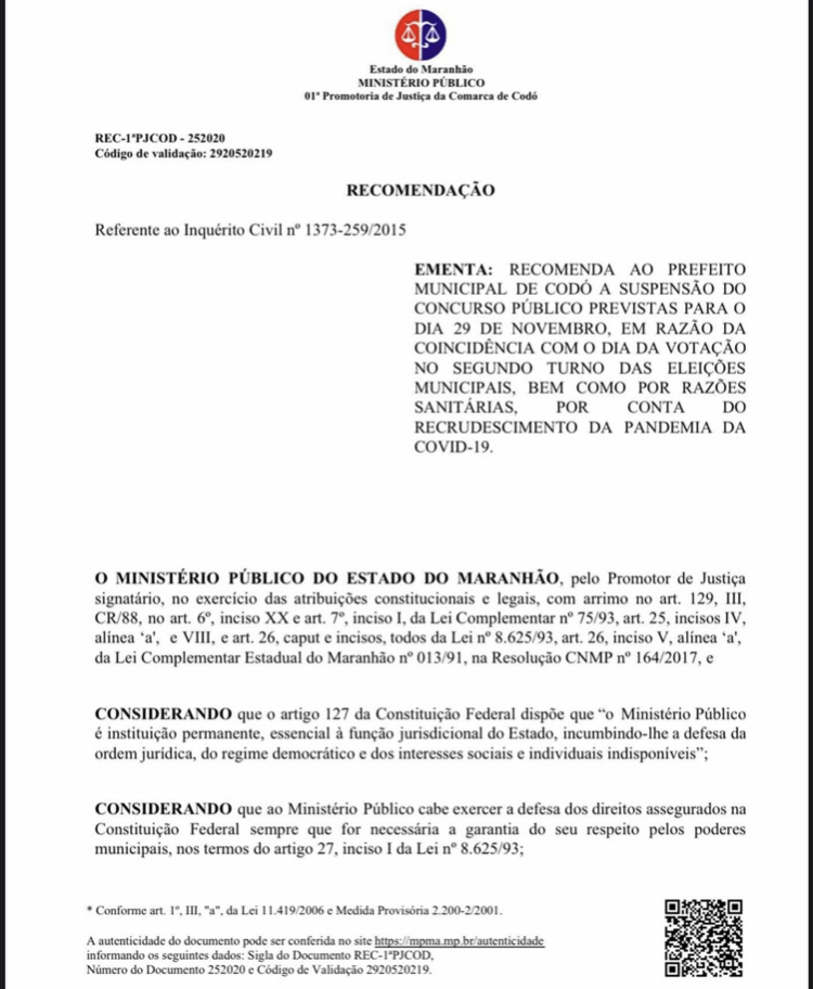 MINISTÉRIO PÚBLICO PEDE SUSPENSÃO DE CONCURSO PÚBLICO EM CODÓ QUE SERIA REALIZADO DIA 29/11.