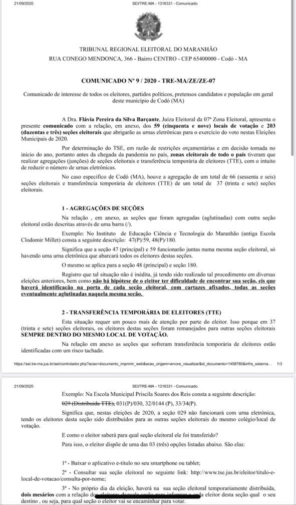 TRE Maranhão informa sobre locais de votação em Codó