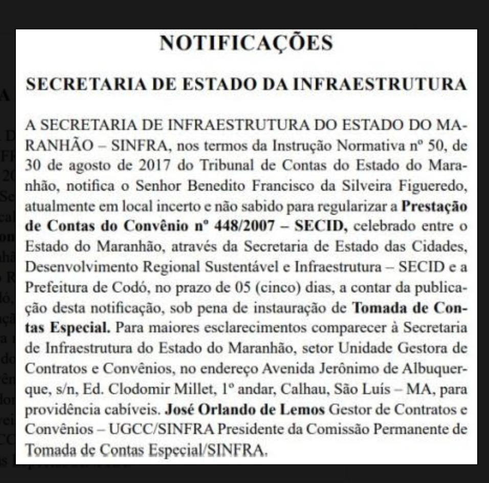 EX PREFEITO DE CODÓ É NOTIFICADO POR AUSÊNCIA DE PRESTAÇÃO DE CONTAS