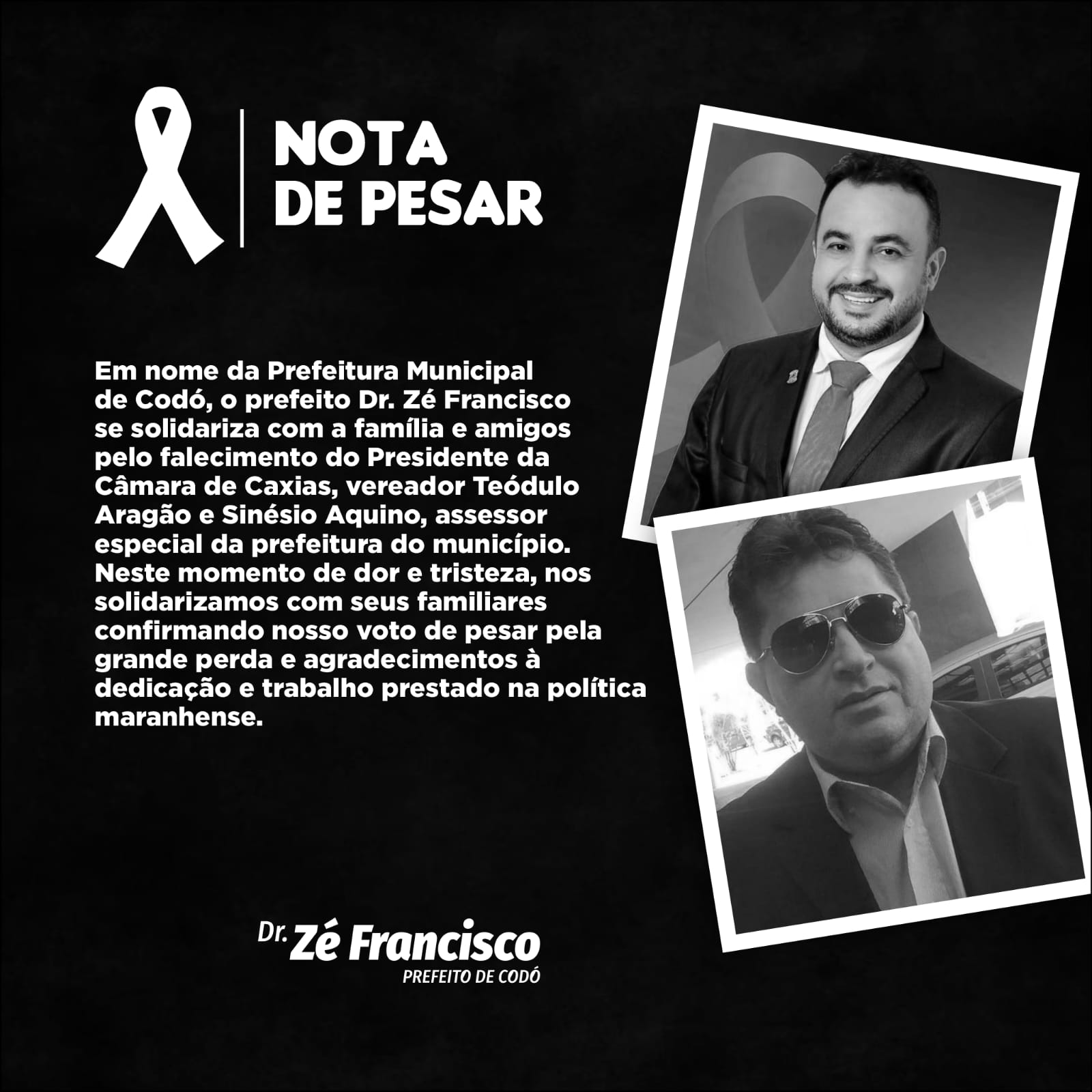Prefeito de Codó emite nota de pesar pelo falecimento do Presidente da Câmara de Caxias