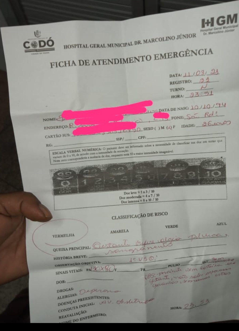 JOVEM GRÁVIDA DE 9 MESES, COM SANGRAMENTO PROCUROU O HOSPITAL HGM E FOI MANDADA EMBORA SEM ATENDIMENTO. A MESMA TEVE QUE IR PRA TIMBIRAS.