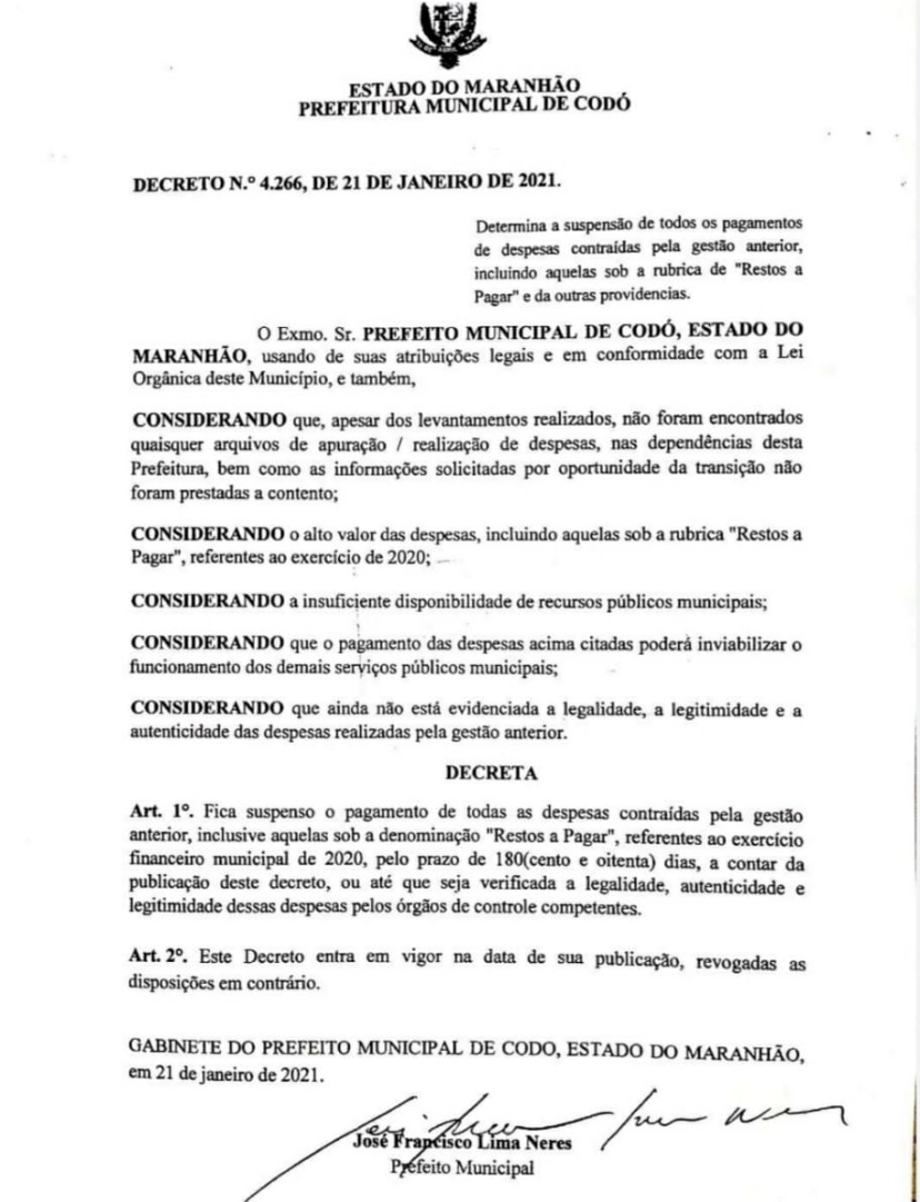 E AGORA JOSÉ!! PREFEITO DE CODÓ DECRETA SUSPENSÃO DE PAGAMENTOS DE DÍVIDAS DEIXADAS POR NAGIB: ESSE  NOVO DECRETO QUE DEVE AFETAR TODA A CLASSE DA SAÚDE E DEMAIS