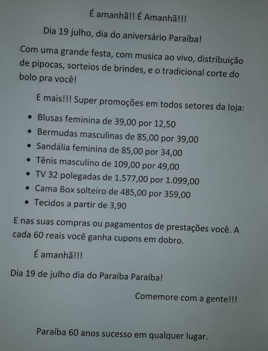 É AMANHÃ! DIA DO ANIVERSARIO PARAÍBA COM CORTE DO BOLO E PROMOÇÕES EM TODOS OS SETORES.