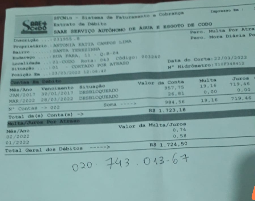EM CODÓ SAAE ESTÁ OBRIGANDO UMA IDOSA HUMILDE A PAGAR UM TALÃO DE 1.723,18 REAIS. “Eu nunca consumi isso e estou há maís de um mês sem água por conta desse débito que não é meu, me ajuda por favor” Disse ela !!
